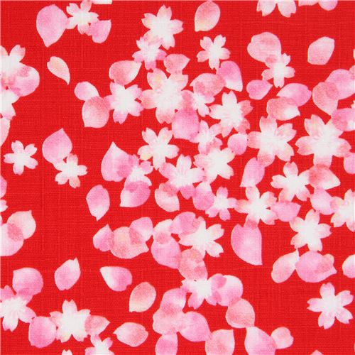 Tela tramada roja de Kokka dobby con flores de cerezo sakura Tela