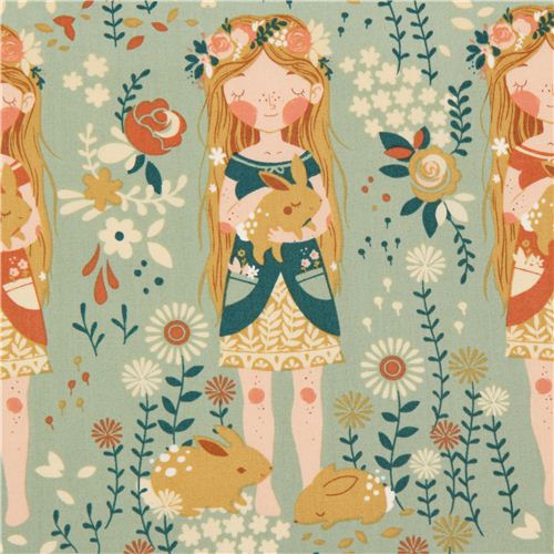 Tissu bio Birch Fort Firefly vert ocan, fillette et fleurs Tissu