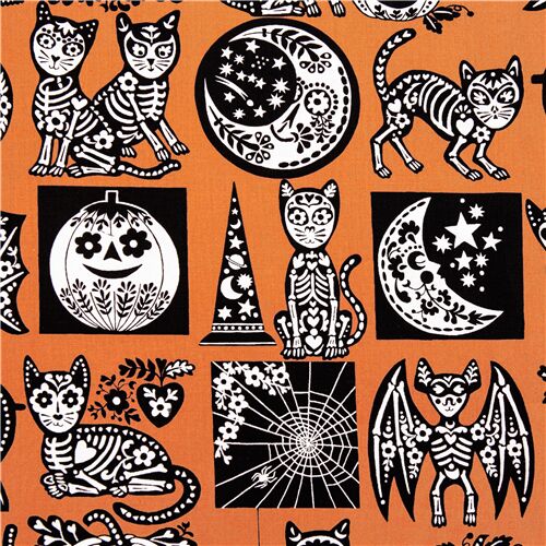 Totenkpfe Mond Katzen Krbis schwarz wei Schablonenstempel orange US Stoffskelette Stoff