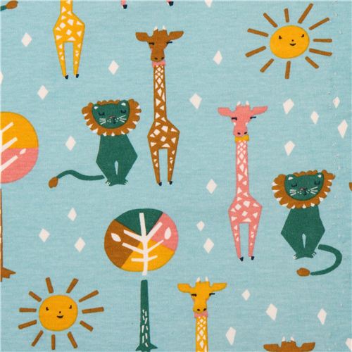 hellblauer 'Happy Pals' Tiere Lwen & Giraffen birch Jersey Bio-Stoff USA  Stoff