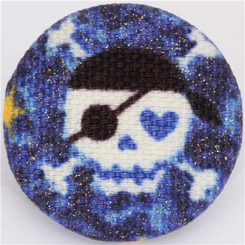 small blue skull button glitter Kokka fabric button