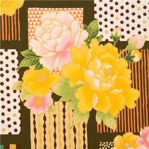 Remnant (36 x 110 cm) - smooth cotton Japan green with peonies and patterned rectangles gilded gold 2