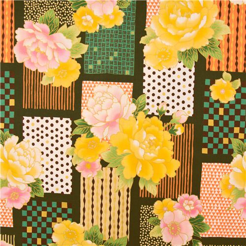 Remnant (36 x 110 cm) - smooth cotton Japan green with peonies and patterned rectangles gilded gold 3