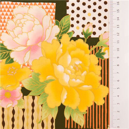 Remnant (36 x 110 cm) - smooth cotton Japan green with peonies and patterned rectangles gilded gold 4