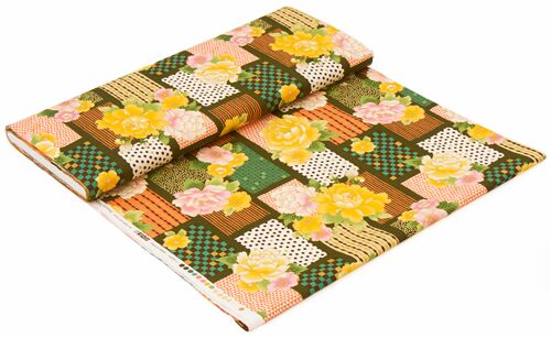 Remnant (36 x 110 cm) - smooth cotton Japan green with peonies and patterned rectangles gilded gold 5