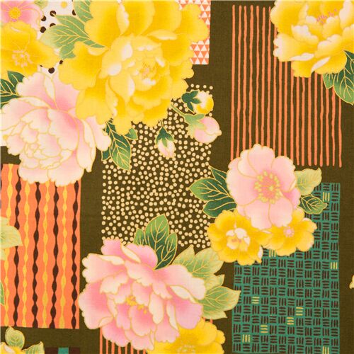 Remnant (36 x 110 cm) - smooth cotton Japan green with peonies and patterned rectangles gilded gold