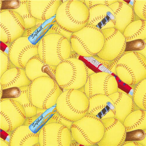 Softball mit Schlägern gelbe Bälle Wettbewerb Baumwollstoff Sport sportlich Stoff