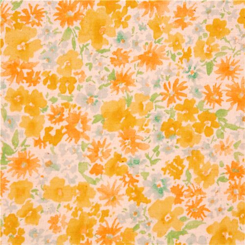 Tela mezcla lino algodn de Japn salpicadura flores hojas amarillo azul naranja Tela