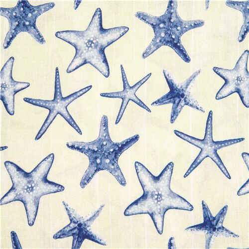 Seesterne cremefarbener Baumwollstoff blaue Meerestiere Stoff
