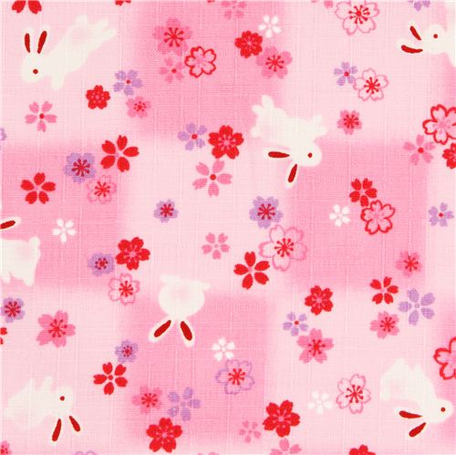 Tela rosa con textura de Kokka conejos y flor de cerezo Tela