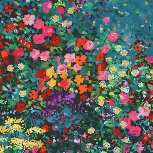 Tissu Michael Miller bleu sarcelle avec des fleurs peintes multicolores Tissu