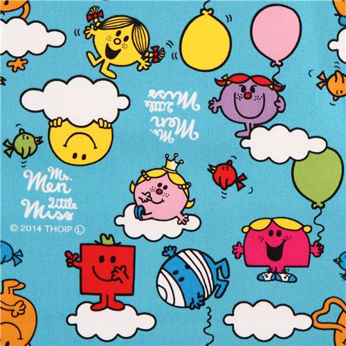 teal Mr. Men and Little Miss clouds Sanrio oxford fabric from Japan