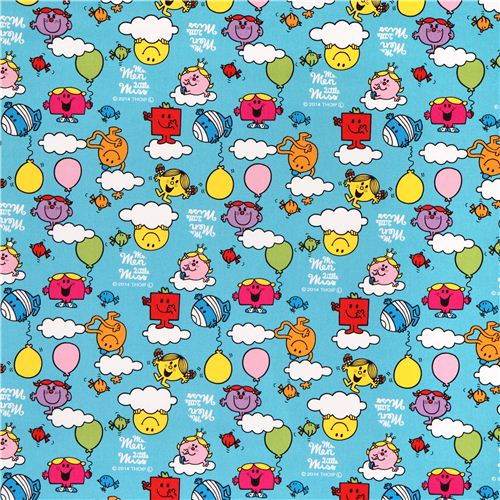 teal Mr. Men and Little Miss clouds Sanrio oxford fabric from Japan 0