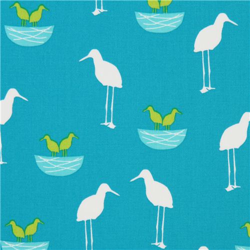 teal Robert Kaufman bird fabric with white and green birds Fabric