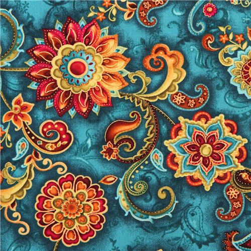 blaugrner Blumen Medallion goldener Glitzer Stoff von Timeless Treasures Stoff