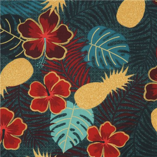 Fleurs D’Hibiscus Dorées Métalliques Hawaïennes Tissu