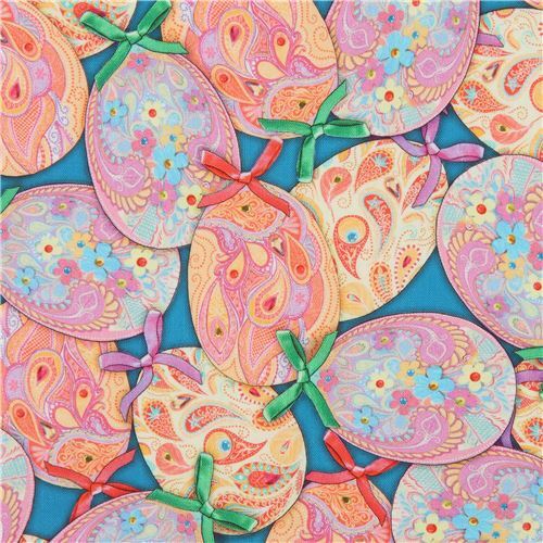 Petrolfarbener Stoff mit Ostereiern von Quilting Treasures Stoff