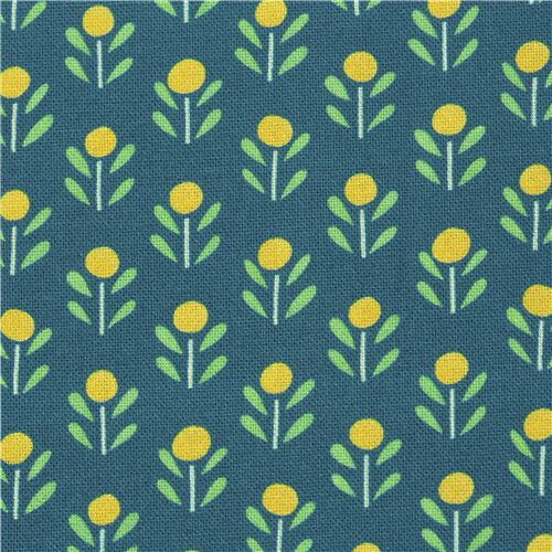 Tela algodón azul verdoso simple diseño floral amarillo con hojas Tela