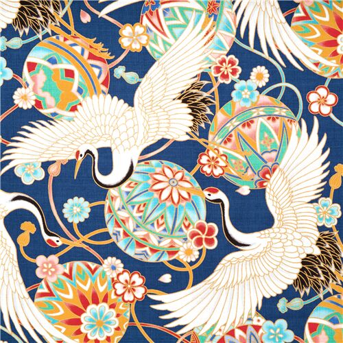 temari balls cranes cherry sakura blossoms Japan blue fabric dobby cotton Fabric