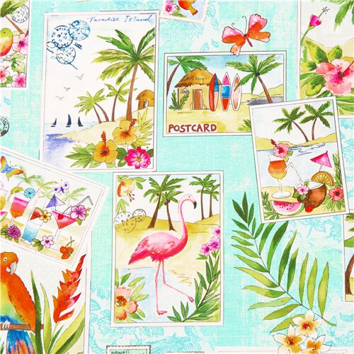 tessuto blu tropicale vacanze cartoline cotone pappagalli colorat Tessuto