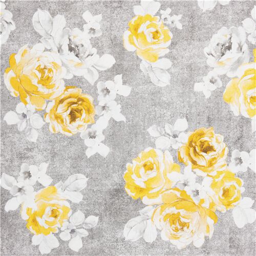 Tela lluvia de rosas amarillas ramo pintura acuarela en gris Tela