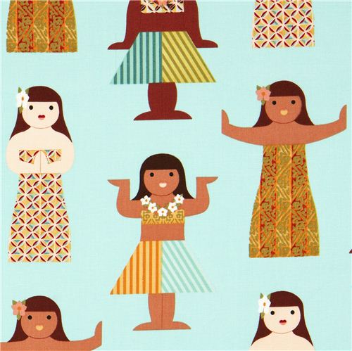 Tissu Michael Miller turquoise, poupées Hula Dolls Tissu