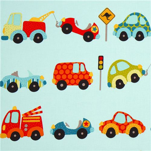 turquoise Riley Blake fabric car traffic fire engine 1