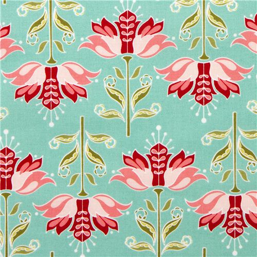 Tessuto turchese Riley Blake con fiori rosa Tessuto