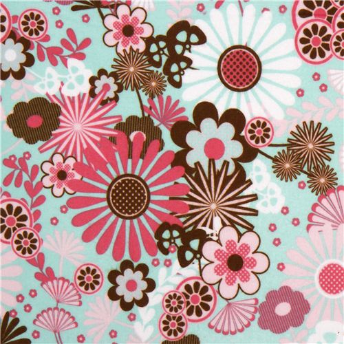 türkiser Riley Blake Flannell Stoff mit Blumen USA 1