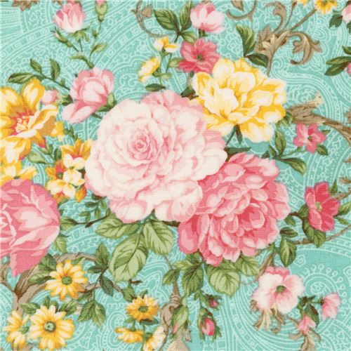 tessuto turchese Robert Kaufman fiori Lady Elizabeth Tessuto