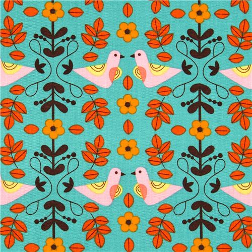 Tela turquesa con Robert Kaufman con pájaros, flores y hojas Tela
