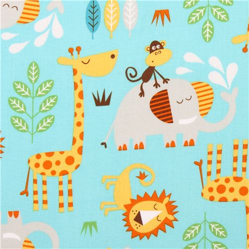 Tissu turquoise Safari avec des animaux par Northcott Studio Tissu