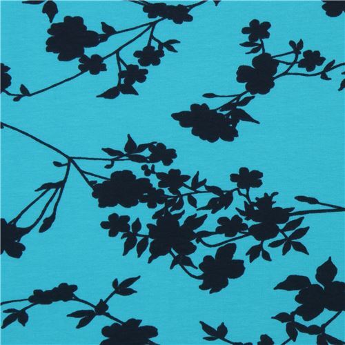 turquoise Stof Fabrics knit fabric with black flowers Fabric