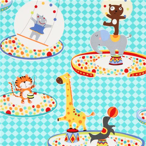 Tissu Michael Miller turquoise à carreaux animaux, cirque Tissu
