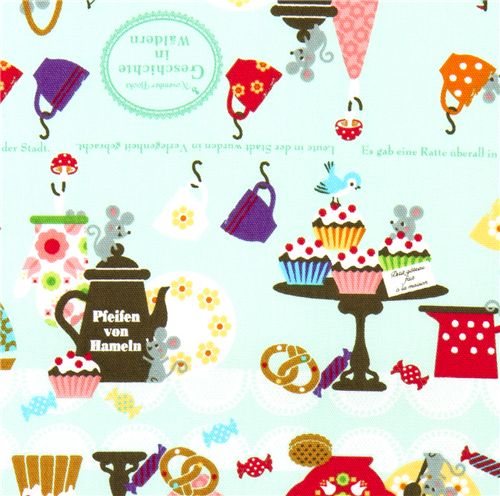 turquoise cupcake tea service mouse fabric Kokka Japan 1