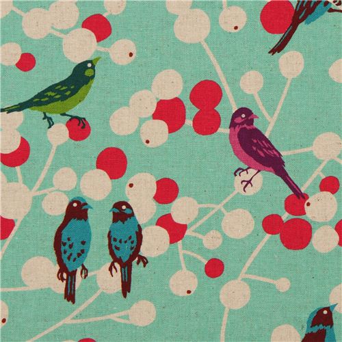 Tessuto Laminato echino cherry uccelli frutti di bosco blu Tessuto