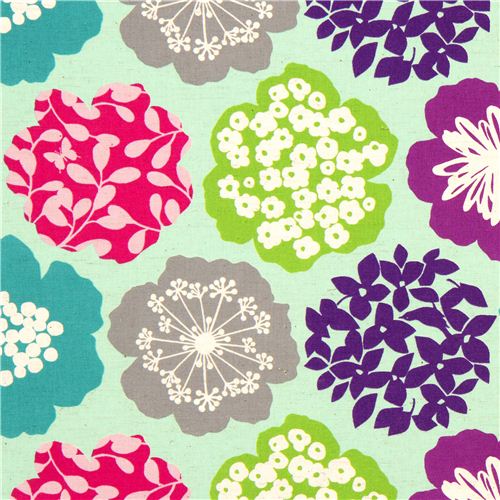 türkiser echino Canvas Stoff bunte Blumen aus Japan 1