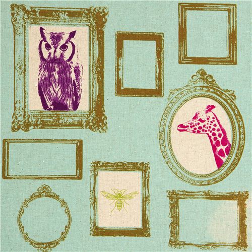 turquoise echino laminate fabric Frame owl giraffe deer Tessuto