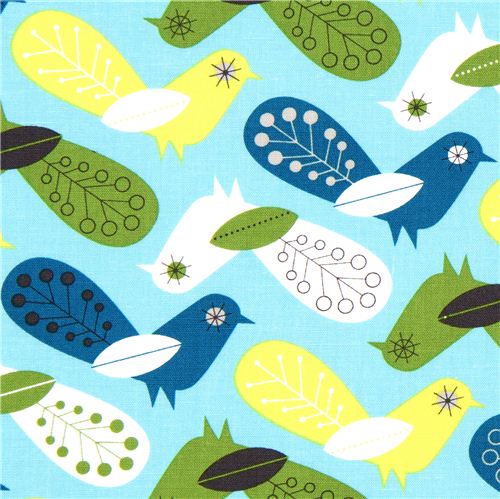 turquoise fabric with colourful birds Robert Kaufman 1