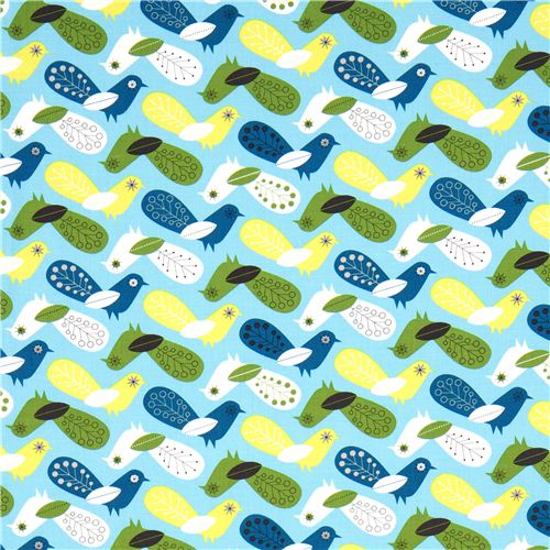 turquoise fabric with colourful birds Robert Kaufman 2