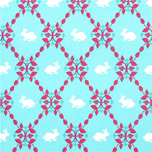 turquoise fabric with rabbit leaves Robert Kaufman 1