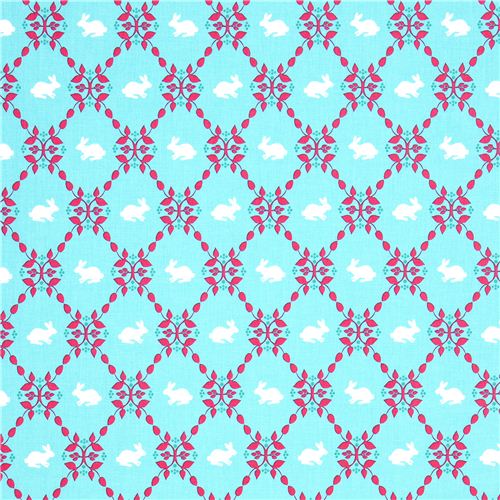 turquoise fabric with rabbit leaves Robert Kaufman 2