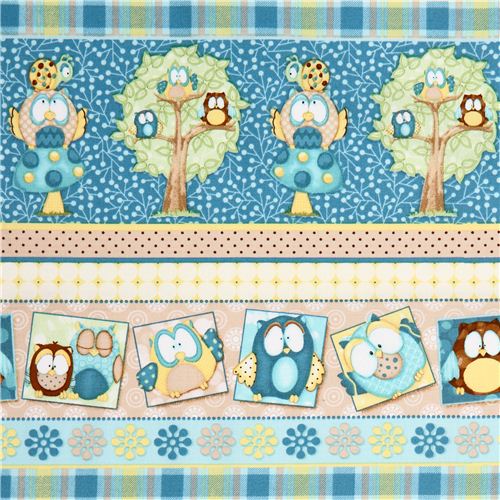 Tissu turquoise avec des hiboux et une fort par Henry Glass Tissu