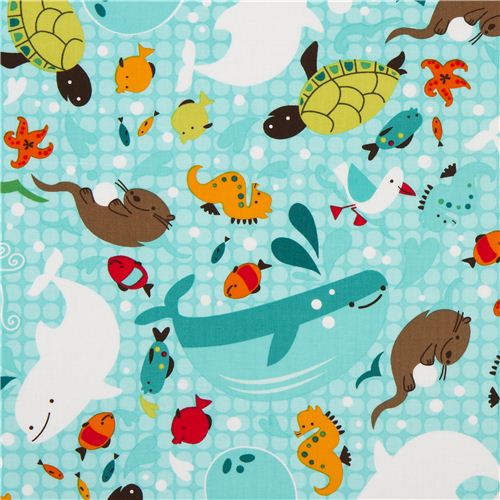 Tela turquesa animales marinos de Robert Kaufman USA Tela