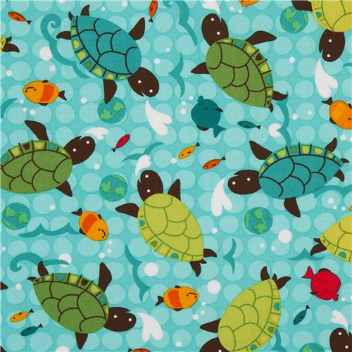 Tissu Robert Kaufman turquoise avec des tortues Tissu