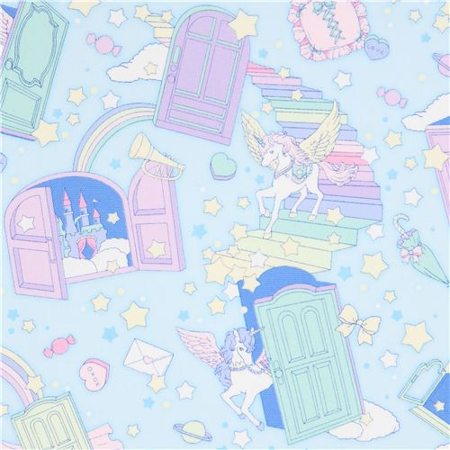 Tissu Oxford Cosmo bleu clair avec des licornes et des toiles Tissu
