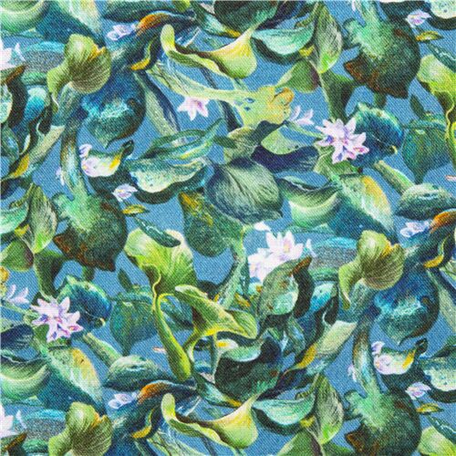 Tela de flores con jacinto de agua prpura y hojas verdes Tela