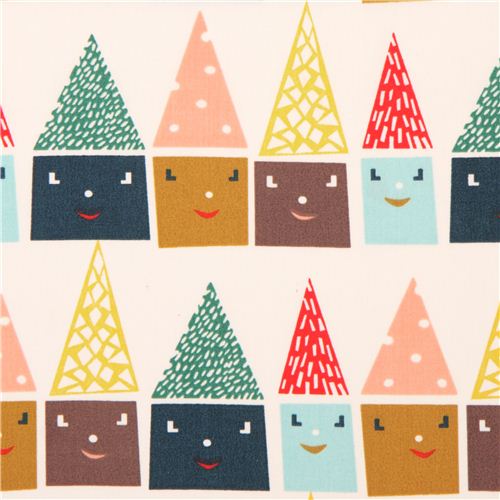 Tissu bio blanc  Happy Houses  avec des maisons multicolores, par birch USA  Tissu