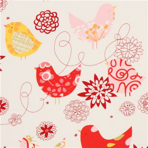 white Alexander Henry bird fabric with flowers red Fabric