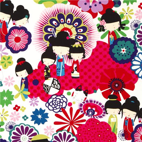 white Japanese Kokeshi doll fabric by Alexander Henry 1